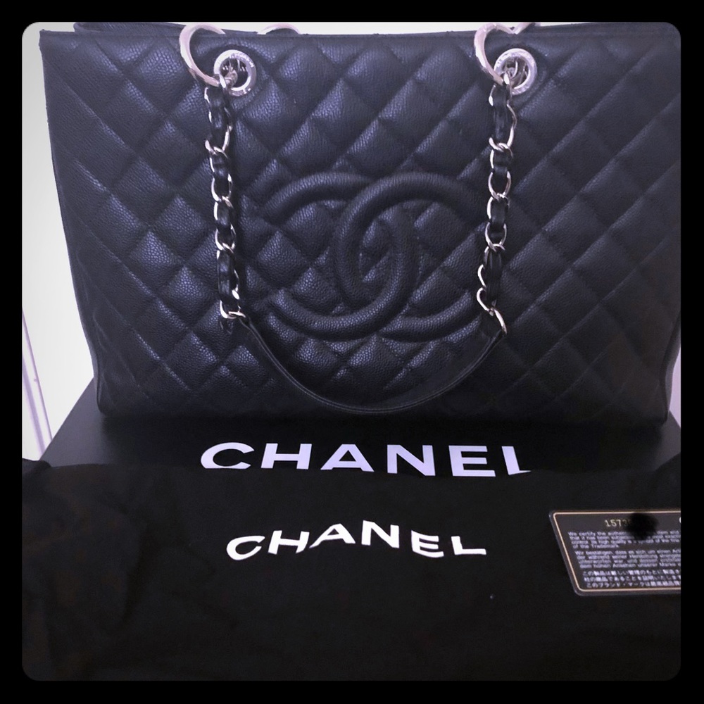 Chanel GST, black caviar with silver hardware.EUC